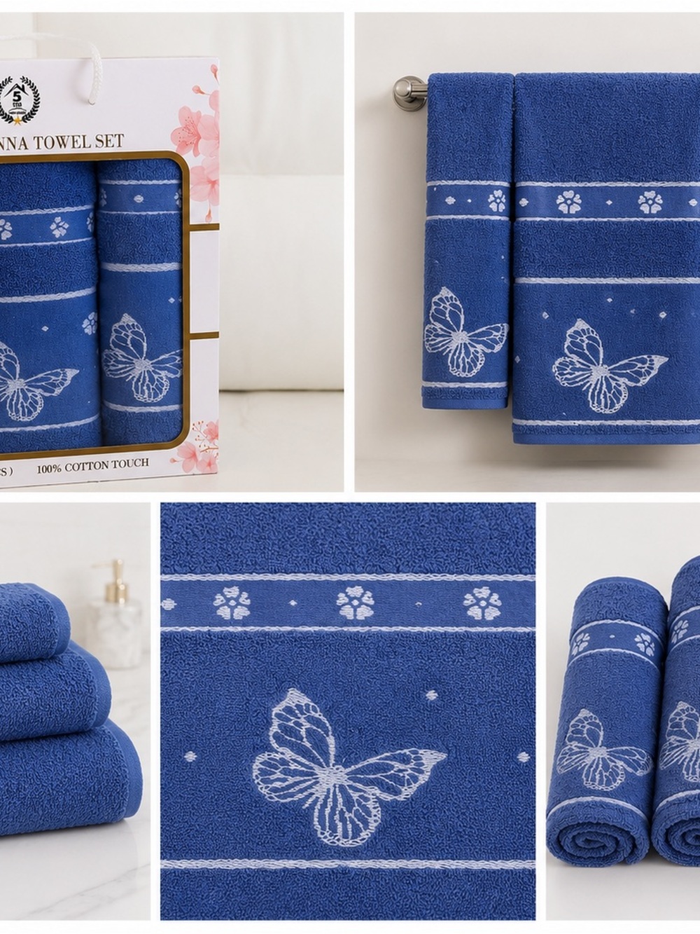 Valentina Royal Blue Butterfly Cotton Towel Set